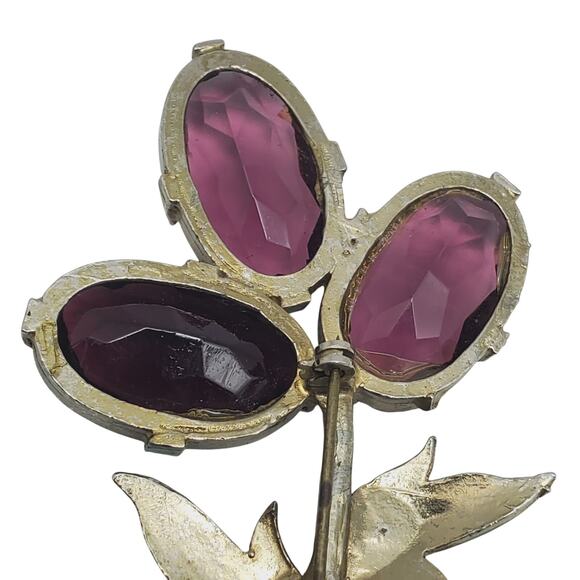 Purple Flower Brooch Gold Tone Vtg Amethyst Glass Stone Green Enamel Pin Retro - Picture 4 of 9